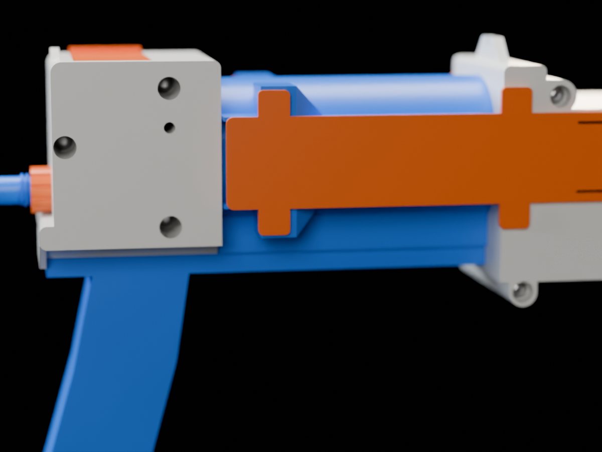 Close-up of the blue pump slide, the orange side panel and the white hopper block
